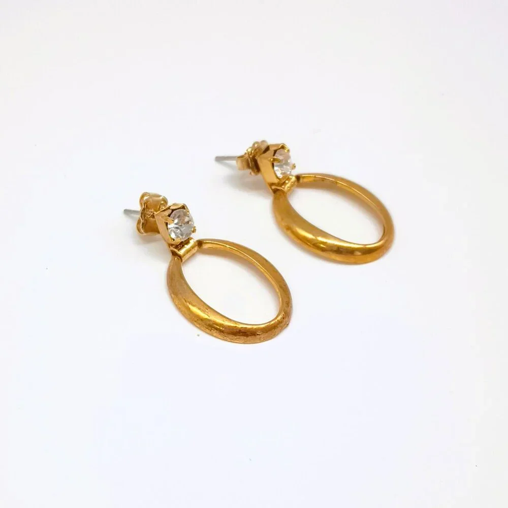 Avon Oval Dangle Post Earrings Women's Gold Tone Rhinestone Drop Earrings